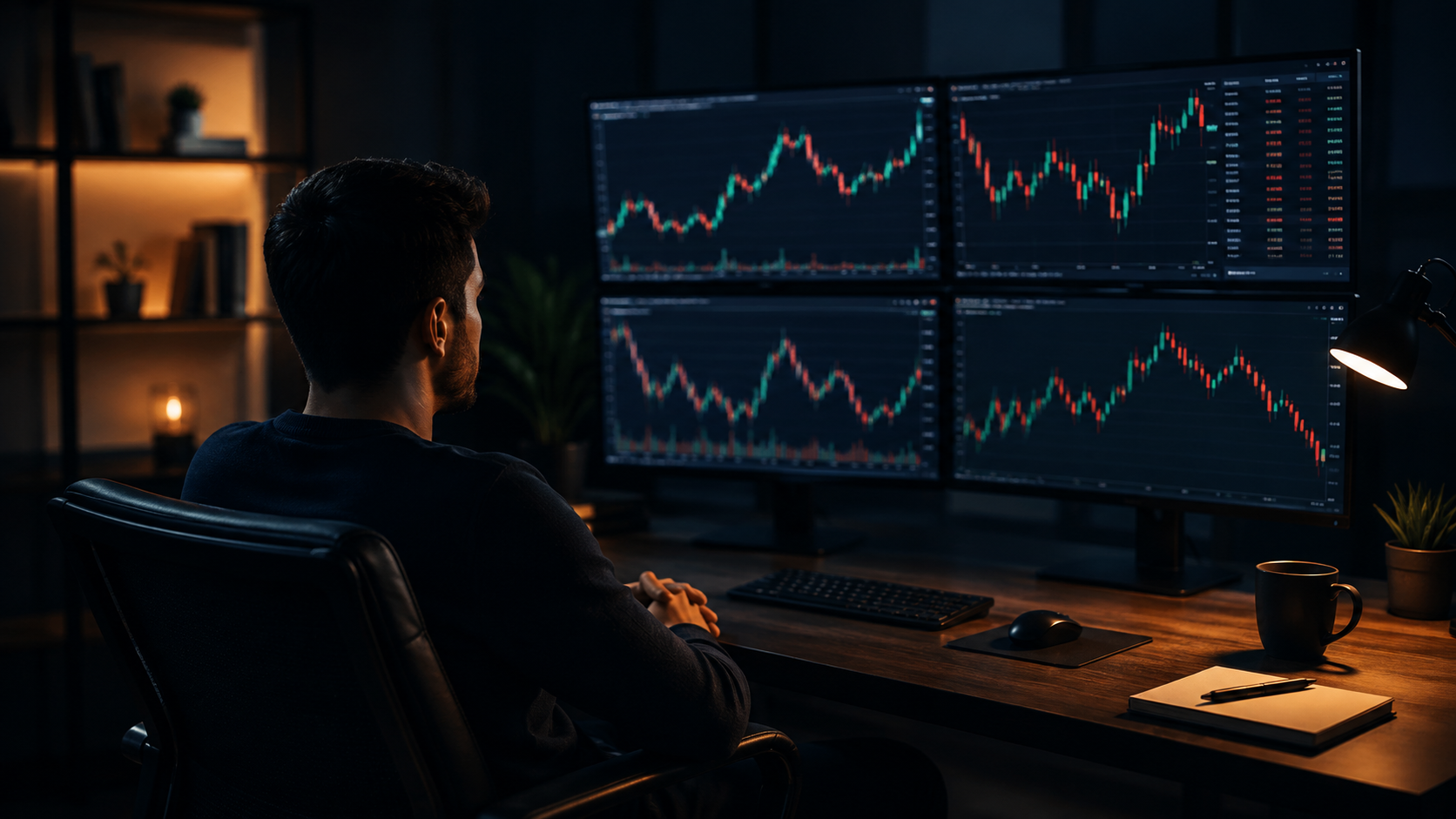 Trader patiently waiting at a trading desk instead of entering an impulsive trade