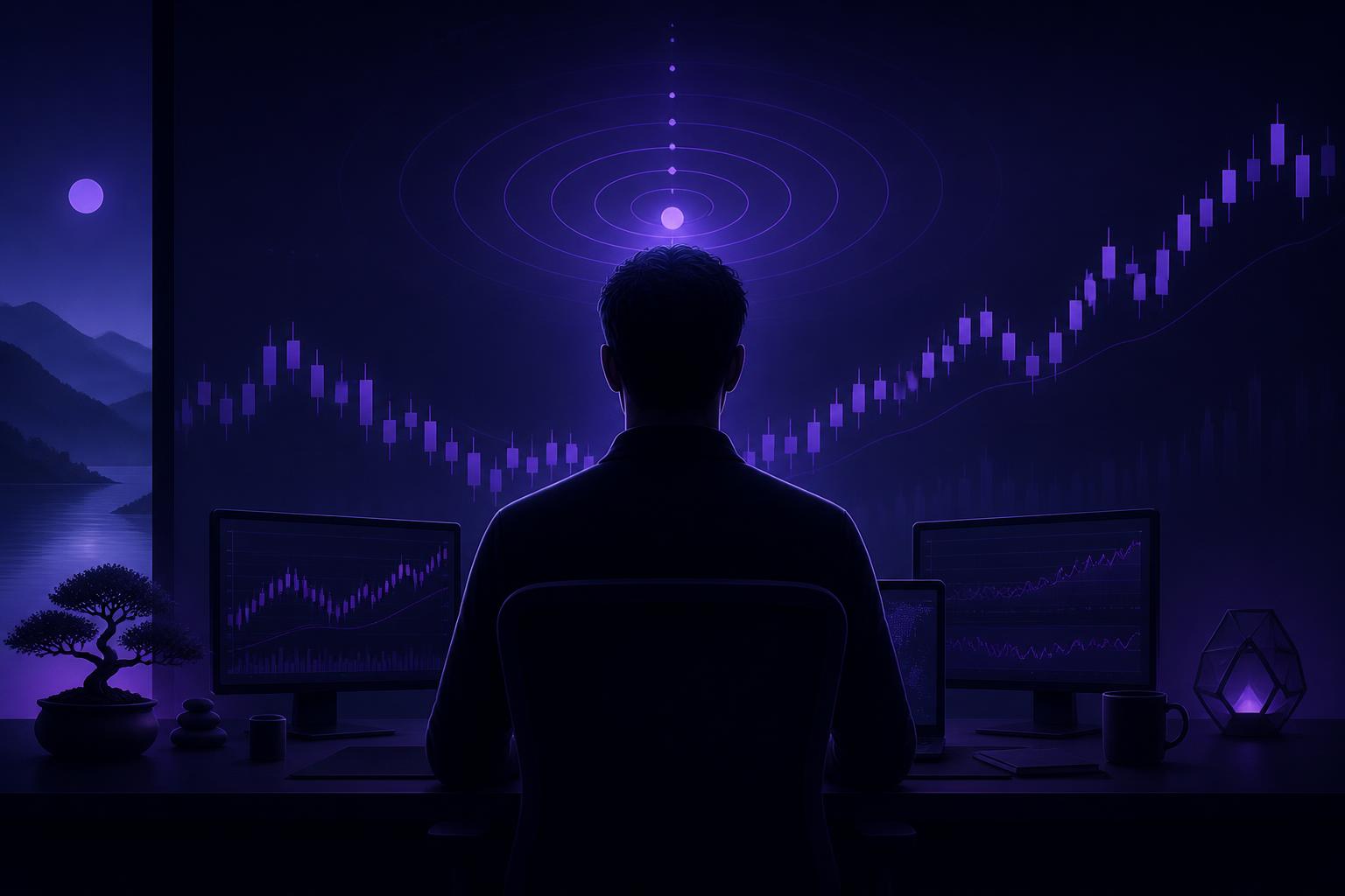 Illustration of a calm, focused trader at a desk with glowing charts and concentric ripples above their head, symbolising a centred trading mind
